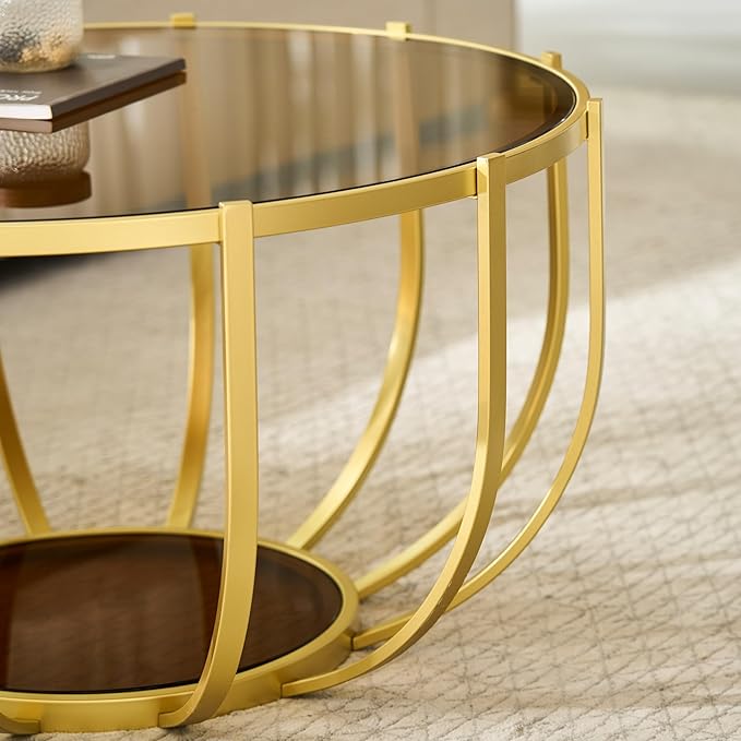 Saint Mossi 30" Glass Round Coffee Table for Living Room, Mid Century Modern 2-Tier Gold Drum Center Table, Brown Glass Top, Glass Shelf with Gold Finish Legs & Frame, W30xH16.5