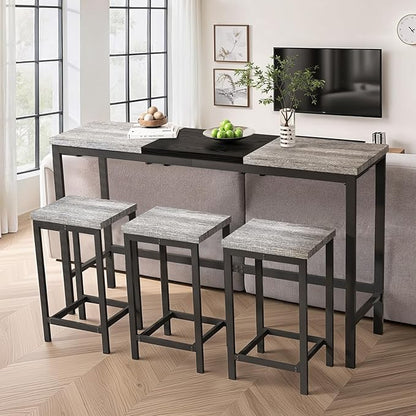 4 Piece Modern Design Kitchen Dining Table,1 Bar Table and Small Kitchen Table Set for 3,Wooden Counter Height Table Set for Kitchen,Convenient Hanging Stool Design,Dining Room Island Table (Grey)