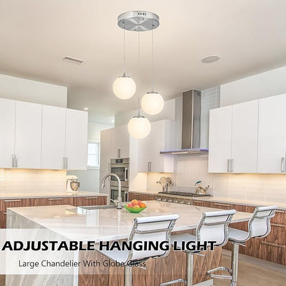 KoKo&Yukina Globe Pendant Light 3 Light Nickel Globe Pendant Lights Kitchen Island Mid Century Light Fixture with Milky White Glass Shade for Dining Room Living Room