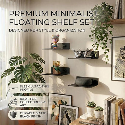 Z metnal Small Floating Shelves for Action Figures & Collectibles, No Drill Mini Metal Wall Display Shelf for Gaming Room & Bedroom Decor, Aluminum, 4.7", Black, 2 Pack