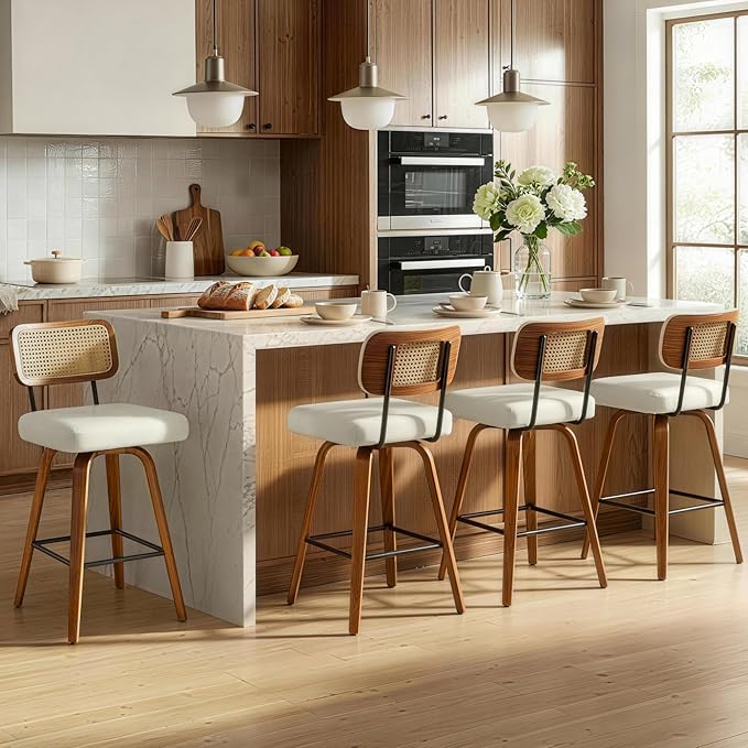 Swivel Bar Stools Set of 4, 26" Upholstered Counter Height Bar Stools with Rattan Back and Bent Walnut Wood Legs, Faux Leather Modern Barstools for Kitchen Island,Rattan Beige