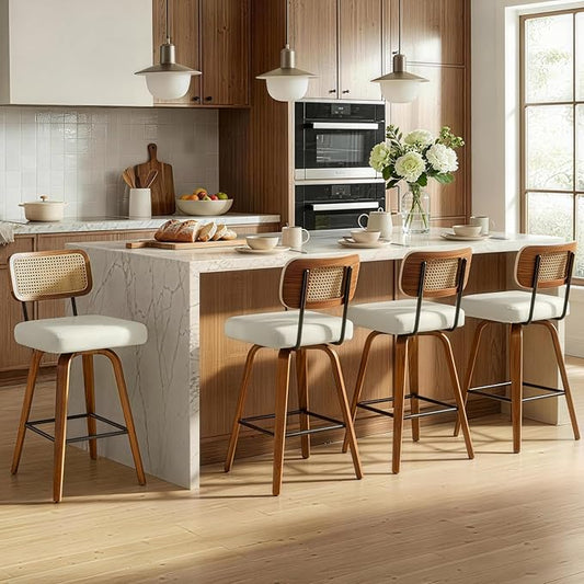 Swivel Bar Stools Set of 4, 26" Upholstered Counter Height Bar Stools with Rattan Back and Bent Walnut Wood Legs, Faux Leather Modern Barstools for Kitchen Island,Rattan Beige