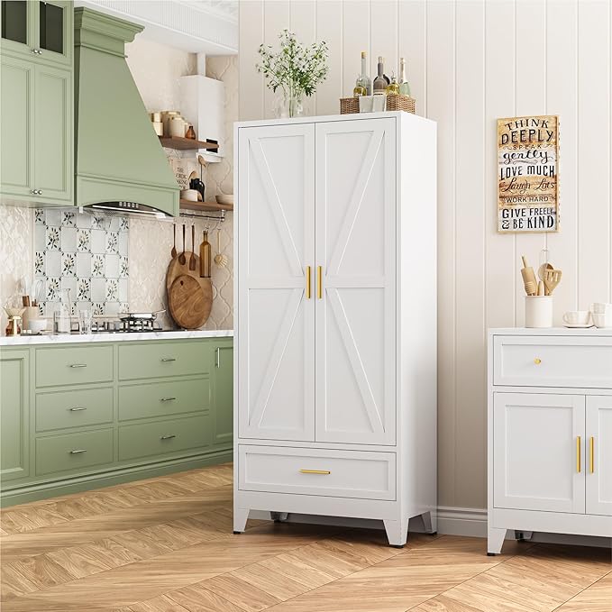 Bevivog Farmhouse Metal Storage Cabinet with 4 Shelves, 71" Tall Shelf Cabinets with 2 Barn Doors & Drawer, 31.5" Wide Storage Cabinet with Doors for Office/Pantry/Bathroom