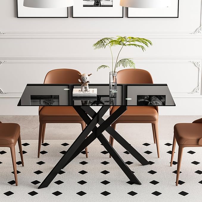 51inch Modern Dining Table for 4, Glass Kitchen Dining Room Table for 4, 0.32" Tempered Glass Tabletop and Black Metal Legs,Rectangle Black Glass Tables for Kitchen, Dining Room