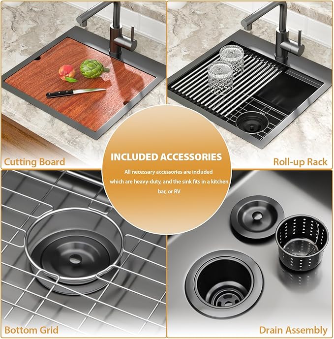 Mocoloo 18 Inch Drop-in Kitchen Sink with Faucet, Black Stainless Steel Bar Sink - 18x18x9 Inch Small Topmount Single Bowl Workstation with Pull-Out Faucet