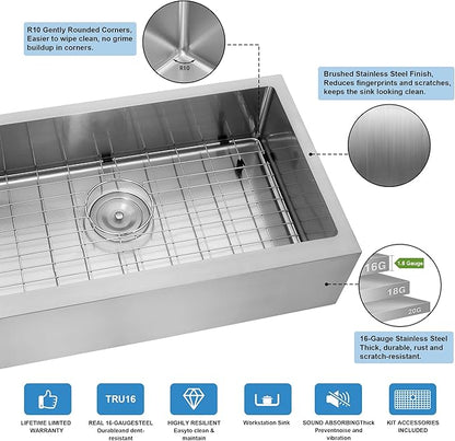 27-Inch Farmhouse Rv Sink, 16 Gauge Stainless Steel Farm Sink, Undermount Single Bowl, Brushed Finish, Deep Basin with Accessories (Stainless Steel, 27" x 16" x 7")