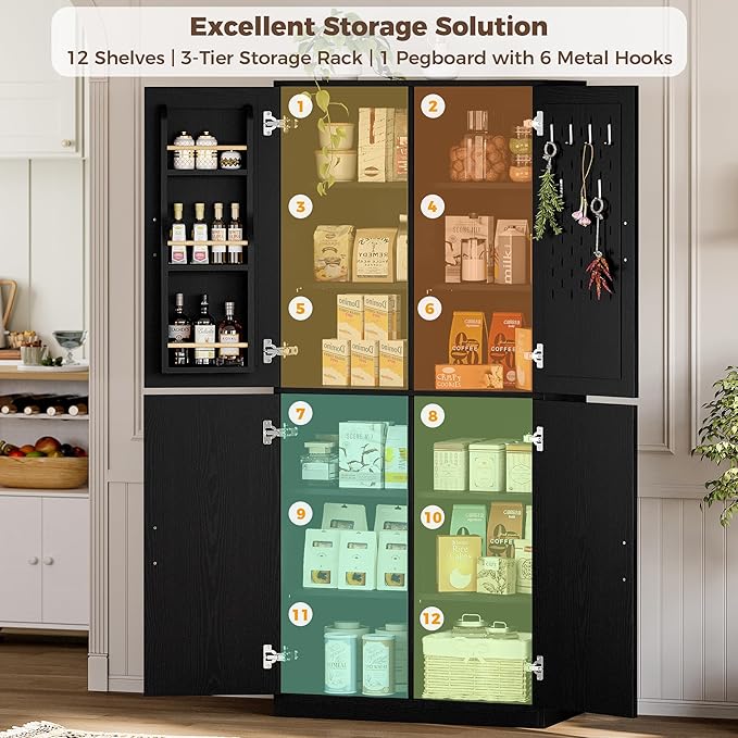 IRONCK 71" Kitchen Pantry Storage Cabinet with Storage Rack, Pegboard Doors, 4 Adjustable Shelves, Food Pantry Cabinet, Freestanding Tall Cupboard for Dining Room, Kitchen, Black