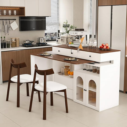 Kitchen Island Set with 2 Solid Wood Chairs, Extendable Rotating Table,with Walnut Veneer Retro Design, 4 Drawers Glass Door Cabinets, Expandable Dining Station for 2 4 Person