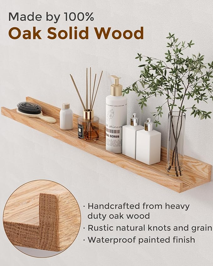 Axeman Oak Picture Ledge Shelf, 55 Inch Floating Shelves Set of 2, Solid Oak Wood Wall Shelves with Lip, Wall Decor Storage for Bedroom Living Room Bathroom Kitchen Nursery Photo Picture, Natural Oak