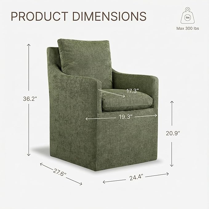 KISLOT Upholstered Dining Chairs with Casters, No Assembly Modern Accent Armchair with Rollers for Dining Room, Bedroom, Living Room, Reading Room, Already Assembled, Green, 1 Box