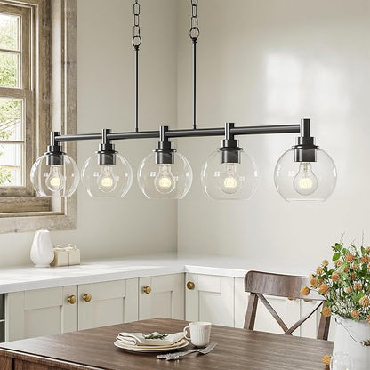 VONLUCE Dining Room Light Fixture Over Table, 5-Light Kitchen Island Lighting with Round Glass Shades & Adjustable Hanging Heights, Linear Chandlier for Dining Room Kitchen, Black, ETL Certificated