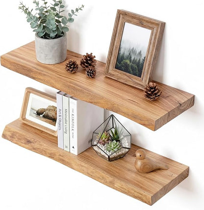 Reclaimed Elm Wood Floating Shelves for Wall, Live Edge 24"W x 9.2"D x 1.4"H, Set of 2 with Invisible Bracket, Wall Mounted Shelves for Living Room Bedroom Kitchen Bathroom Decor, Natural Finish