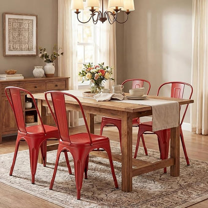 Shahoo Metal Dining Chairs Classic Iron Stackable Industrial Vintage Trattoria with Back, Indoor-Outdoor Side Settee for Home Bistro Cafe Kitchen Restaurant Set of 4, Red