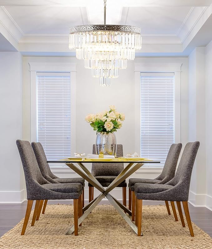 JONATHAN Y 20" Polished Nickel/Clear 4-Light LED Chandelier, Modern Tiered Pendant Light Fixture for Dining Room, Bedroom, Entryway with Clear Faceted Crystal Shade (JYL9007A)