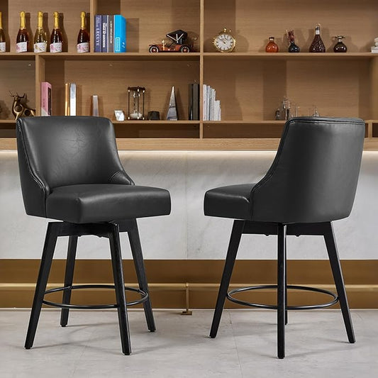 Counter Height Bar Stools Set of 6, Swivel Barstools with Backs and Wood Legs, Faux Leather Upholstered Counter Stools for Kitchend Island, Mid-Century Modern 26" Seat Height Bar Chairs, Black