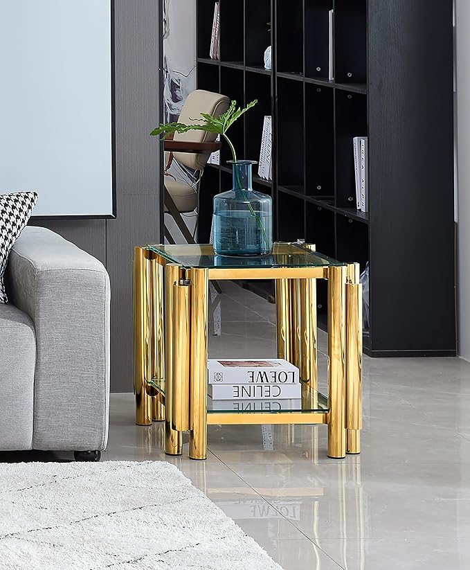 20" Square End Table, Modern Stainless Steel End Table, Double-Layer Clear Tempered Glass with Storage, for Living Room Home Office, Gold