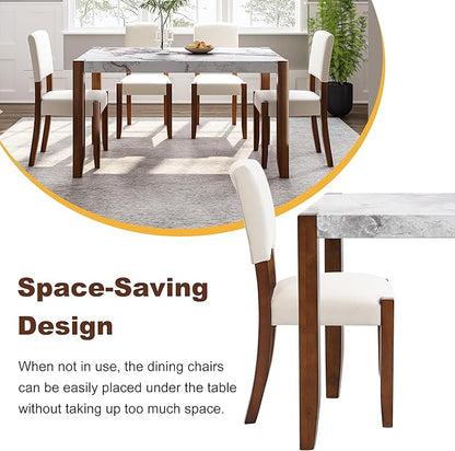 VilroCaz Modern 5-Piece Dining Table Set, 46" Faux Marble Style Table and 4 Upholstered Chairs with Solid Wood Legs, Kitchen Dining Room Set for 4, Space-Saving Dinette (Off White-5P)