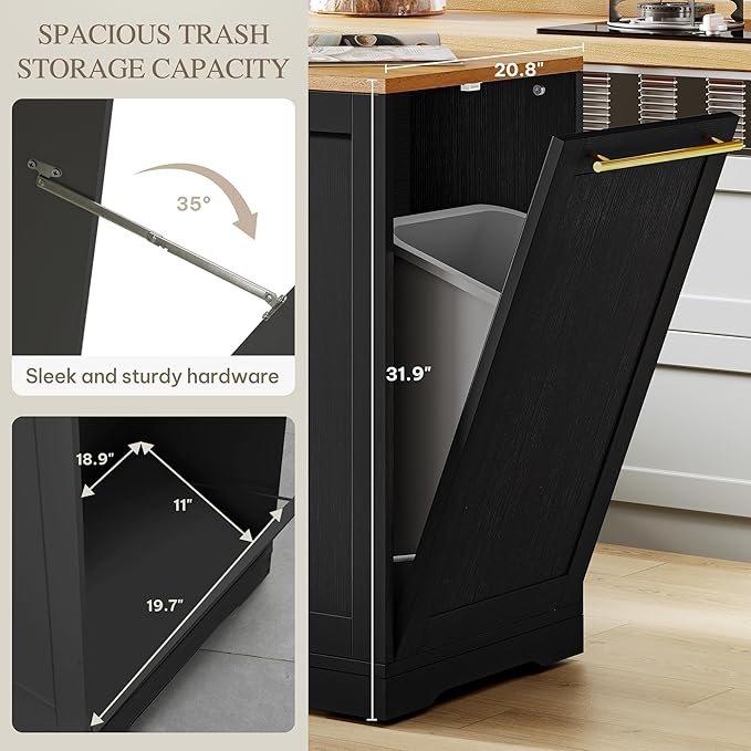 DWVO Large Kitchen Island with Trash Can Cabinet, 53 Inch Kitchen Island on Wheels, Rolling Island with Tilt-Out Garbage Storage Fits 13 Gallon Bin, Spice Rack and Drawer, for Dining Room, Black