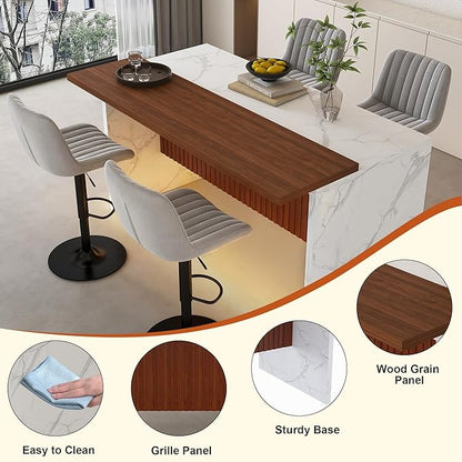 Runboll 63" Large Island Table Set with 4 Bar Stools, Modern Faux Marble Dining Table Set with Multi-Color LED Lights, Kitchen Island with Grille Design for Dining Room, Home, Office, Living Room