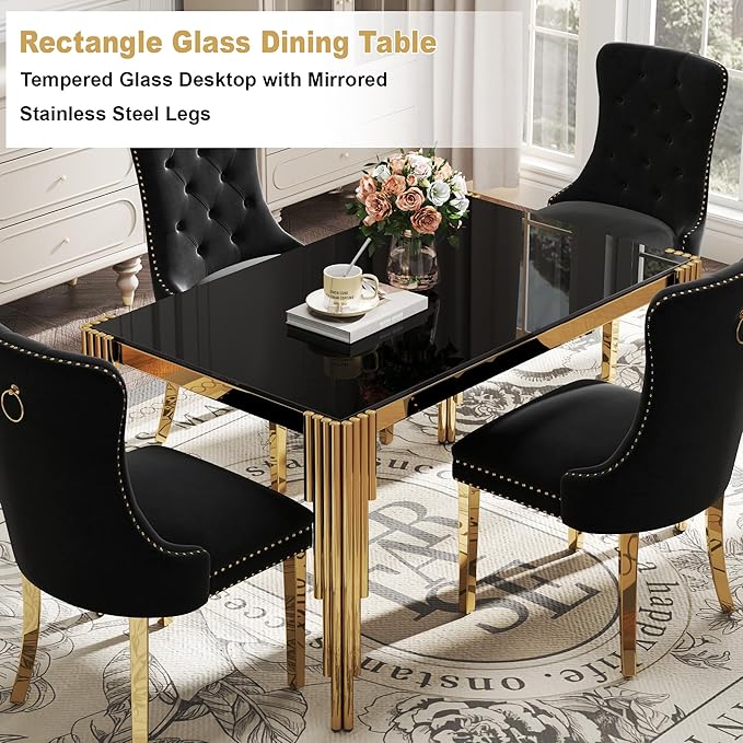Modern Rectangle Glass Dining Table for 4-6 People, 53" Black Tempered Glass Desktop with Gold Mirrored Stainless Steel Legs for Apartments, Dinner, Home Office