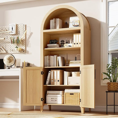 Garvee Arched Kitchen Pantry Storage Cabinet - 5-Tier Open Display Shelf with Rattan Decor, Farmhouse Storage Cabinet for Kitchen, Dining Room, Living Room, Natural