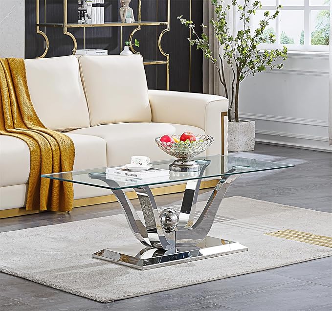 Luxury Glass Coffee Table Set of 3 Piece Silver Living Room Table Set of 3 Including Coffee and End Tables Set,Gorgeous Stainless Steel Frame, Clear Glass Top for Living Room Home Office Apartment
