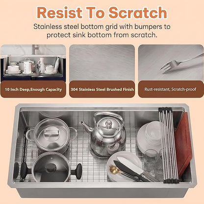 32 Inch Undermount Kitchen Sink, 16 Gauge T-304S Stainless Steel Workstation Sink with Accessories, 32" x 18" x 10" Large and Deep Single Bowl Kitchen Sink for Home, Kitchen and Outdoor