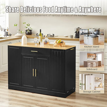 GOWE 53'' Kitchen Storage Islands with Drawers and Trash Can Storage for Kitchen & Dining. Modern Farmhouse Design, Black, 53.2" W x 20.9" D x 38.0" H.