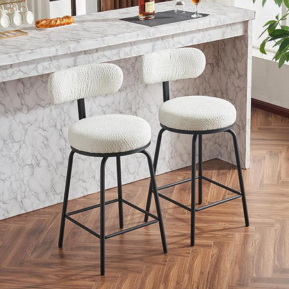Modern Swivel Bar Stools Set of 2, Boucle Upholstered Counter Height Bar Chairs with Metal Legs Footrest, 360° Swivel Bar stools for Kitchen Island, Dining Room, White