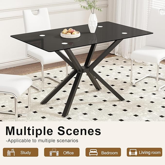 Dining Table Modern Tempered Glass Dinner Table, Rectangle Kitchen Table with Sturdy Metal Legs, Contemporary Minimalist Design, Ideal for Dining Room, Kitchen, or Small Spaces (Full Black, 47.24")