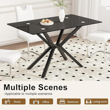 Dining Table Modern Tempered Glass Dinner Table, Rectangle Kitchen Table with Sturdy Metal Legs, Contemporary Minimalist Design, Ideal for Dining Room, Kitchen, or Small Spaces (Full Black, 47.24")