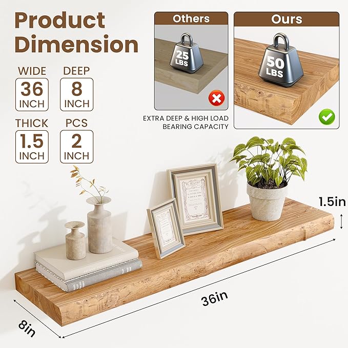 Acovy Extra Deep 36" Long Live Edge Rustic Floating Shelves for Wall, Solid Wood Wall Shelves with Invisible Bracket Mount for Living Room Bathroom Bedroom Kitchen, Set of 2, Natural