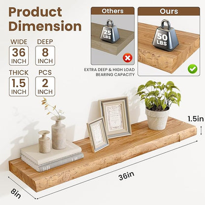 Acovy Extra Deep 36" Long Live Edge Rustic Floating Shelves for Wall, Solid Wood Wall Shelves with Invisible Bracket Mount for Living Room Bathroom Bedroom Kitchen, Set of 2, Natural