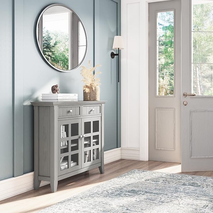 SIMPLIHOME Acadian Storage Cabinet - 36 inch Wide Solid Wood Entryway Storage Cabinet in Fog Grey, Transitional Cabinet for Hallway or Living Room with 2 Drawers and Adjustable Shelves