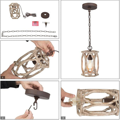 KSANA Farmhouse Pendant Light, Wood Rustic Cage Lantern Hanging Light Fixture for Kitchen Island, Foyer, Hallway, Bedroom and Entryway
