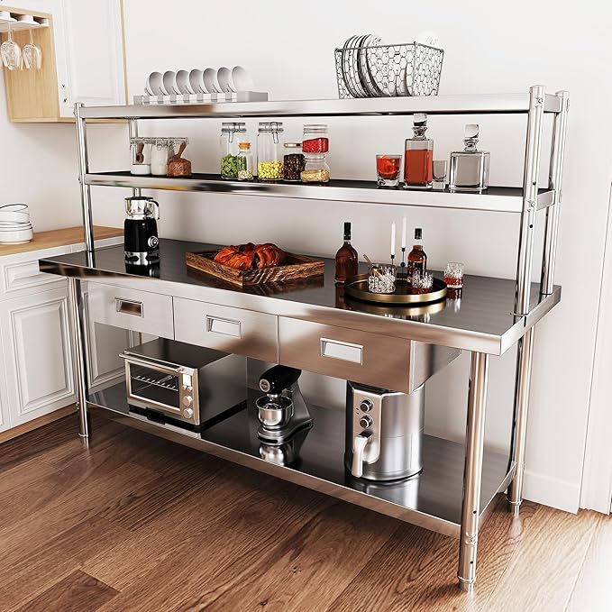 YITAHOME 72"x24" Stainless Steel Work Table with 3 Drawers & Upper Shelf, NSF-Certified Commercial Metal Table with 72"x12" Overshelf, Utility Prep Station