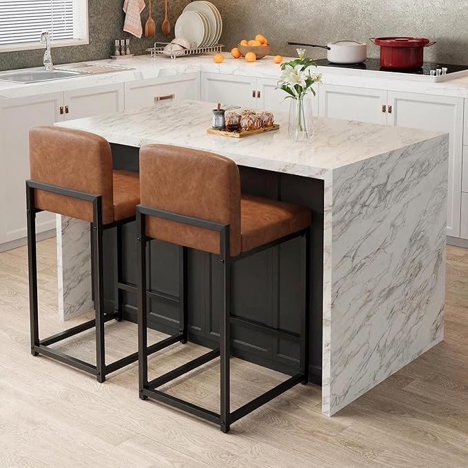 GarveeHome Bar Stools Set of 2, Modern Counter Height Bar Stools with Back and Footrest, Faux Leather Upholstered Barstools Chairs for Kitchen Island Dining Room Bar, Brown