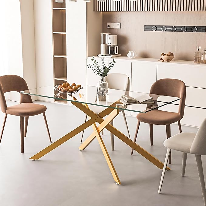 60.63" Rectangular Glass Dining Table,Glass Dining Room Table with Tempered Glass Tabletop and Metal Legs, Modern Style Kitchen Table for Home, Kitchen, Dining Room