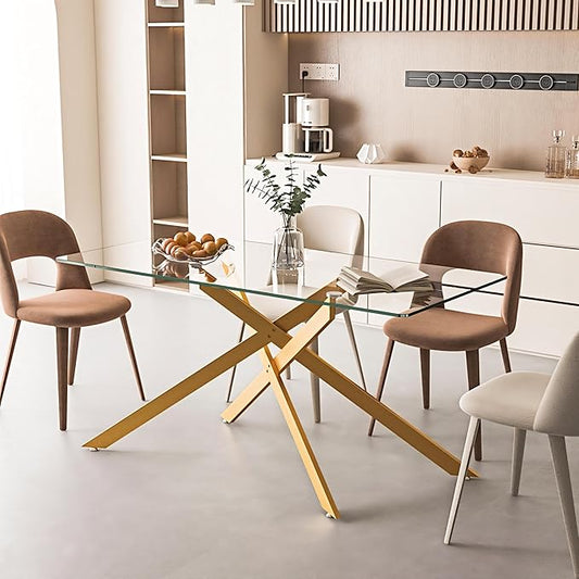 60.63" Rectangular Glass Dining Table,Glass Dining Room Table with Tempered Glass Tabletop and Metal Legs, Modern Style Kitchen Table for Home, Kitchen, Dining Room
