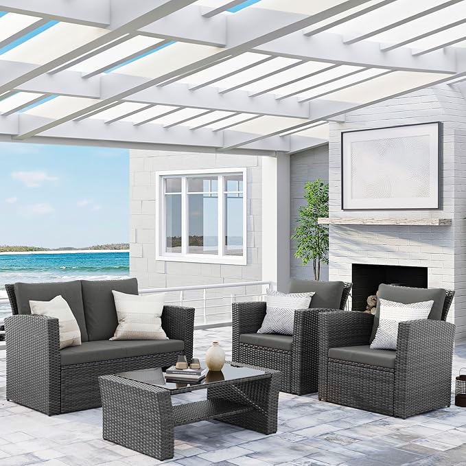 Wisteria Lane Patio Furniture Set, Wicker Outside Outdoor Furniture for All Weather, Patio Sofa with High Backrest Support and Wide Armrest for Backyard, Balcony, Deck, Porch, Black