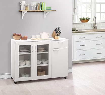 Kings Brand Furniture Buffet Server Sideboard Kitchen Storage Cabinet with Adjustable Shelves & Drawer, White Wood & Glass, 45.5" W x 15" D x 33" H