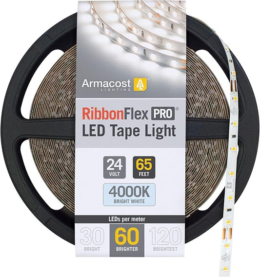 Armacost Lighting RibbonFlex Pro 24V White LED Strip Lights 60 LED/m, 4000K, 65.6 ft 155260