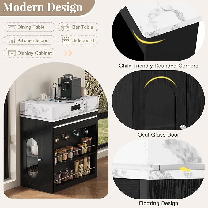 Kitchen Islands with Extendable Dining Table, Wheels and Hooks, Sideboard, Island Table with Double-Side Storage for Kitchen and Dining Room (Black+Marble White)
