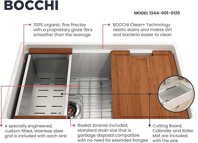 BOCCHI Contempo Workstation Apron Front Step Rim Fireclay 30 in. Single Bowl Kitchen Sink with Accessories in White