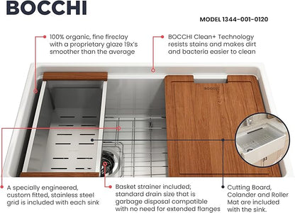 BOCCHI Contempo Workstation Apron Front Step Rim Fireclay 30 in. Single Bowl Kitchen Sink with Accessories in White