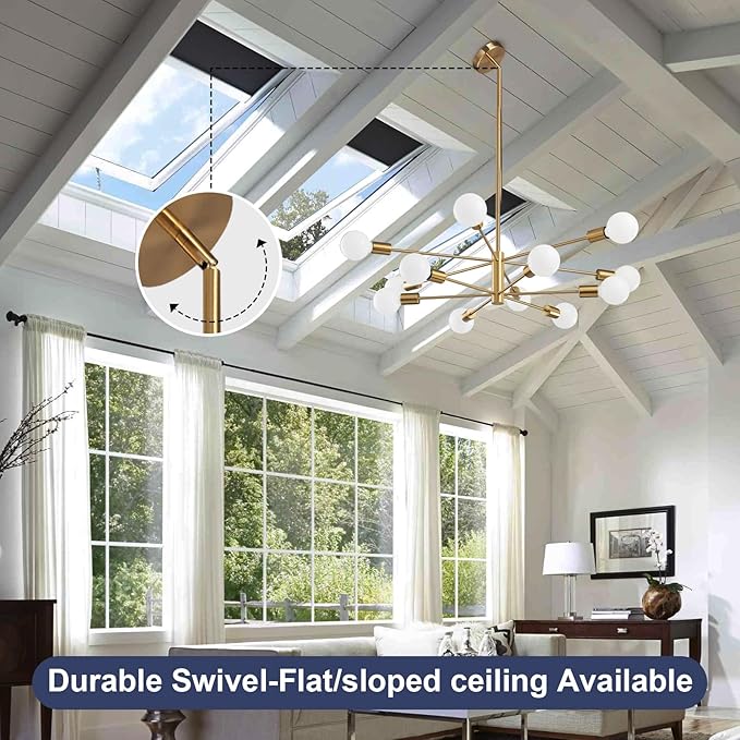 RUIYEY Modern Sputnik Chandeliers Light, 12-Light Gold Gold Dining Room Chandelier Over Table, Height Adjustable Industrial Semi Flush Mount Mid Century Chandelier for Kitchen Island Living Room
