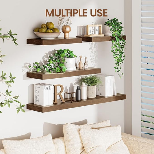 Heimlove Solid Wood Floating Shelves 16 inch, 8 Inch Deep Display Shelves Set of 2, Wall Mounted Floating Shelf with Invisible Brackets for Bathroom Bedroom Kitchen Living Room - American Walnut