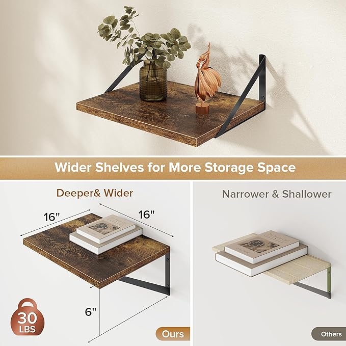 Acovy Deep Floating Shelves Wall Mounted, 16"x12" Brown Wood Shelves with Brackets Set of 2 for Bedroom, Living Room, Bathroom, Kitchen, Office - Storage & Display Shelf for Decor, Books, Plants