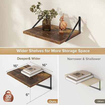 Acovy Deep Floating Shelves Wall Mounted, 16"x12" Brown Wood Shelves with Brackets Set of 2 for Bedroom, Living Room, Bathroom, Kitchen, Office - Storage & Display Shelf for Decor, Books, Plants