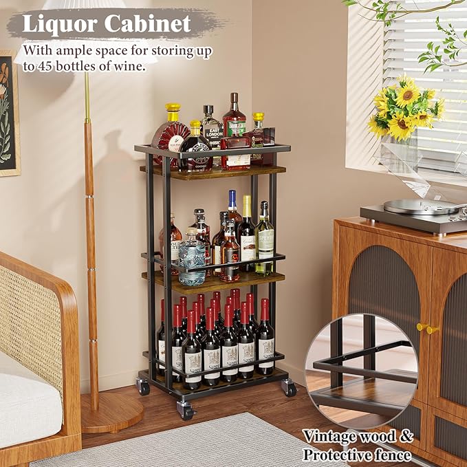 OKZEST 3 Tier Bar Cart for Home, Rolling Mini Liquor Bar for Wine Beverage Dinner Party, Utility Kitchen Storage Island Serving Cart on Wheels, Coffee Bar Cabinet for Kitchen Dining Living Room, Brown